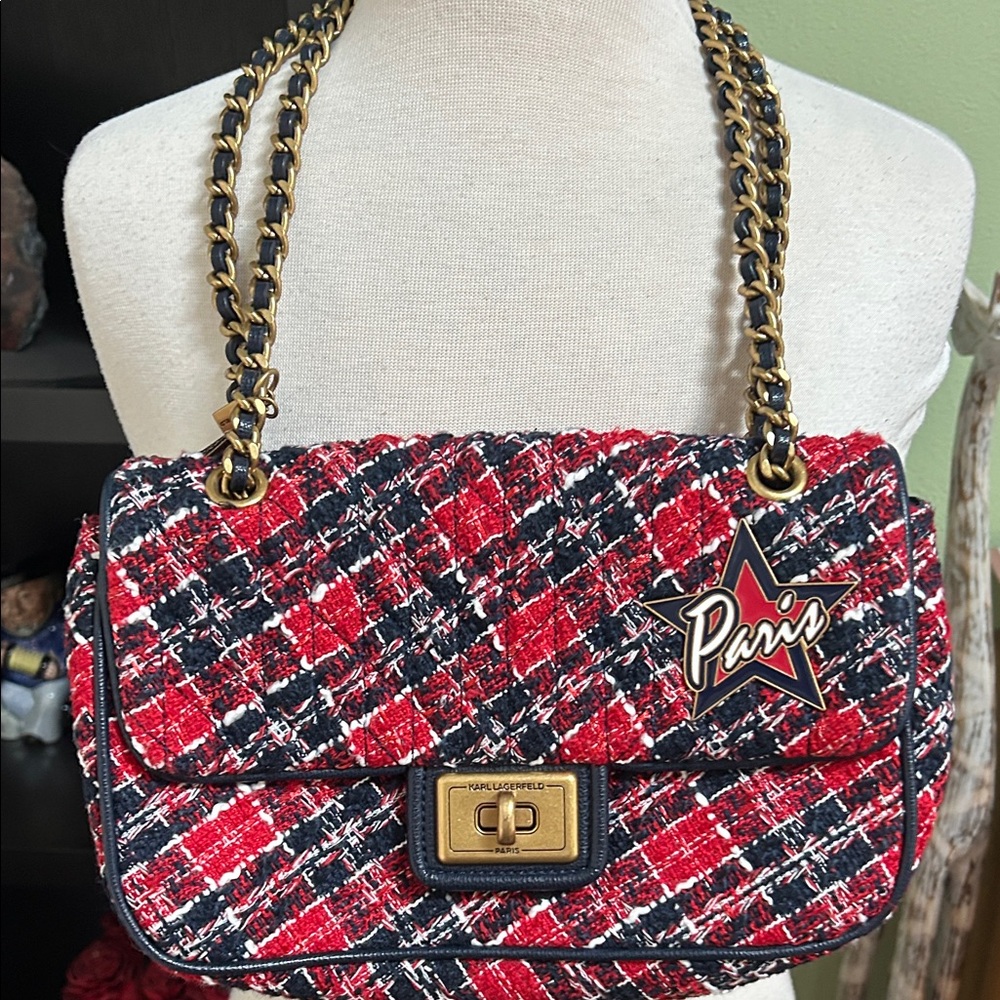 Karl Lagerfeld Agynees Tweed Shoulder Bag Acrylic Colorful Logo Paris